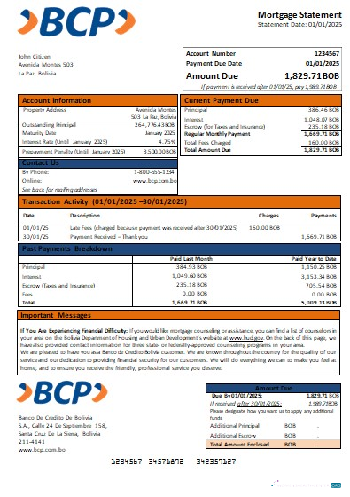 Download Banco de Credito Bolivia bank mortgage statement scr Photoshop template